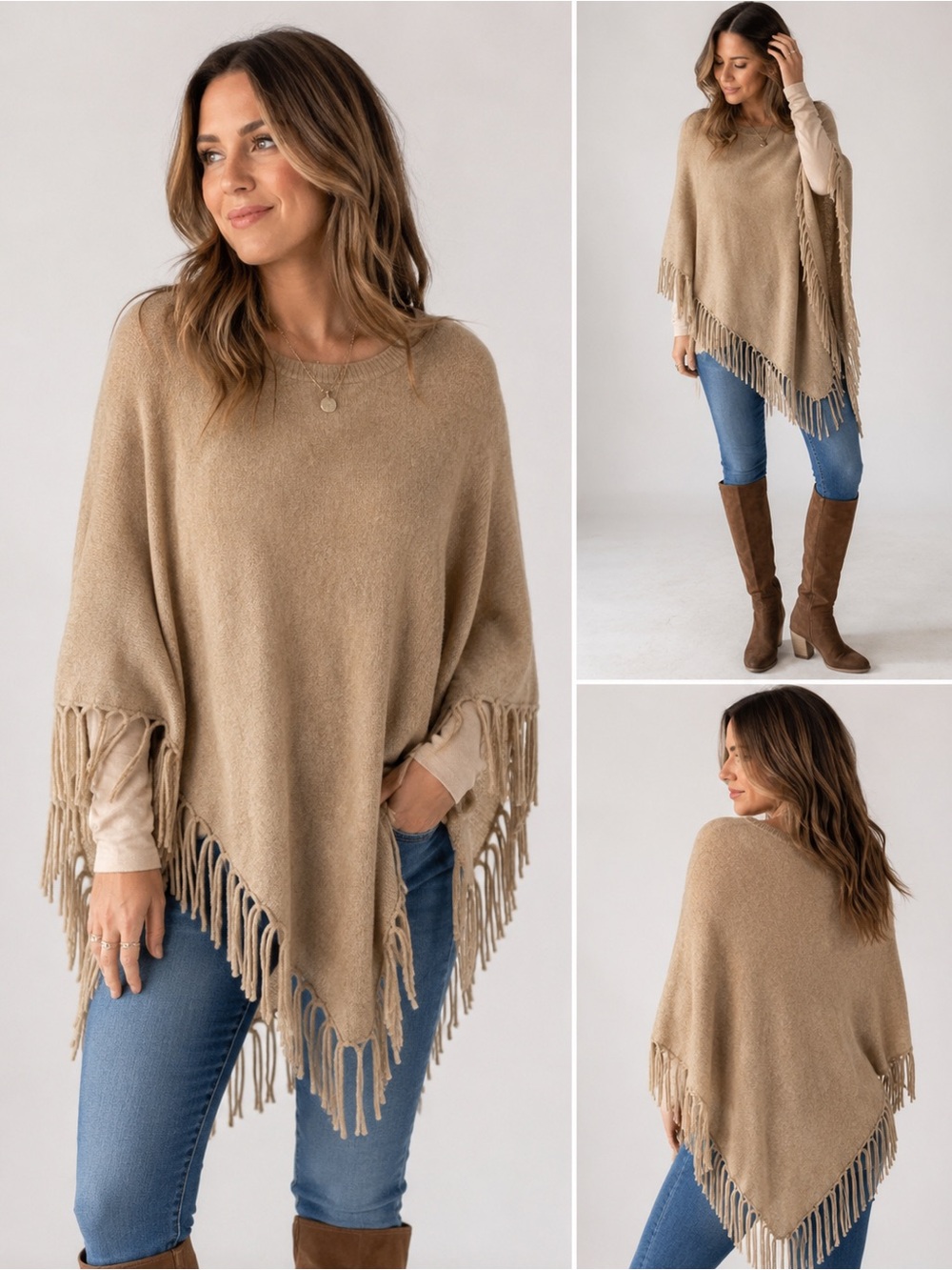 Beige Fringe Poncho Sweater Boho Western Dolman Sleeve Cozy L Layering Top Cozy